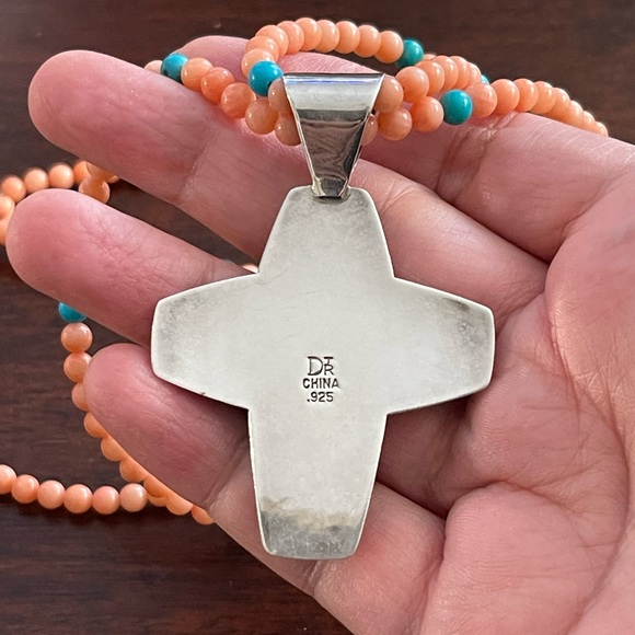 Jay King DTR turquoise coral sterling silver cross pendant necklace - Picture 5 of 11
